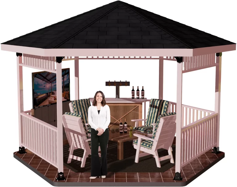 A woman relaxes in a hexagon gazebo, accompanied by a table and chairs, creating a peaceful atmosphere.
