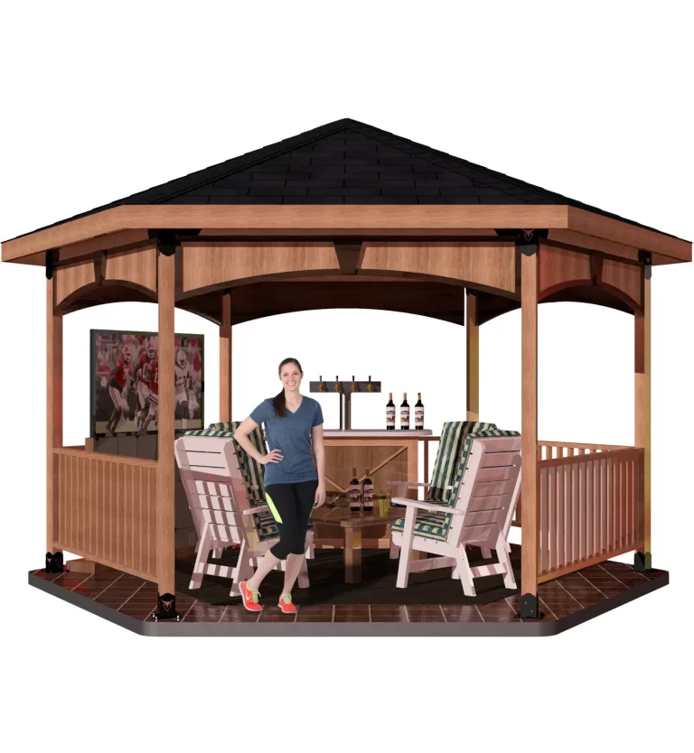 A woman relaxes in a hexagon gazebo, accompanied by a table and chairs, creating a peaceful atmosphere.