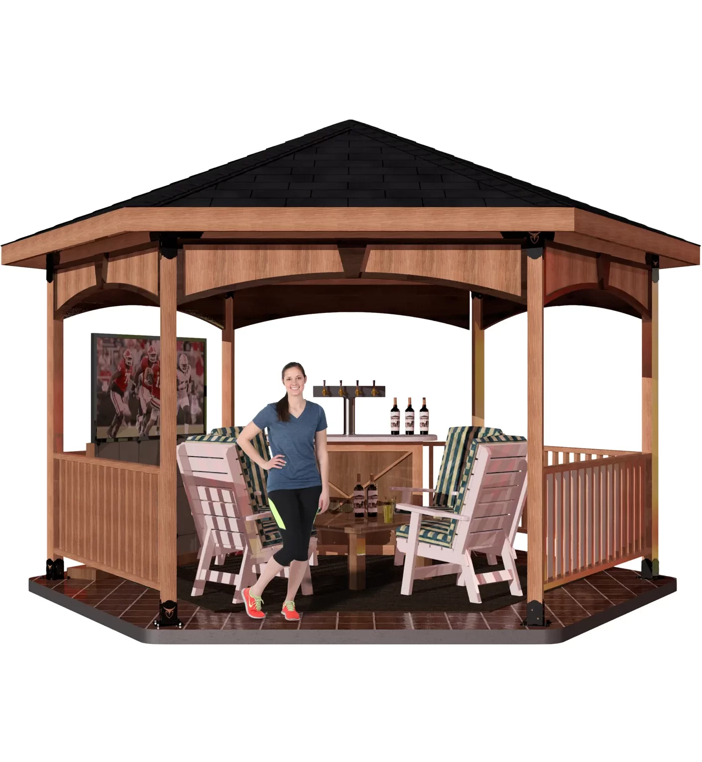 diy, 4X4, surface mounted, solid roofed hexagon patio cover with bar, tv, and casual seating