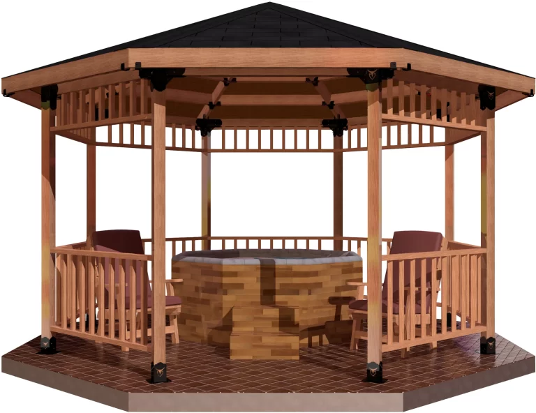 A spacious wooden gazebo,with cozy chairs and a hot tubl. It’s a beautiful day outdoors.