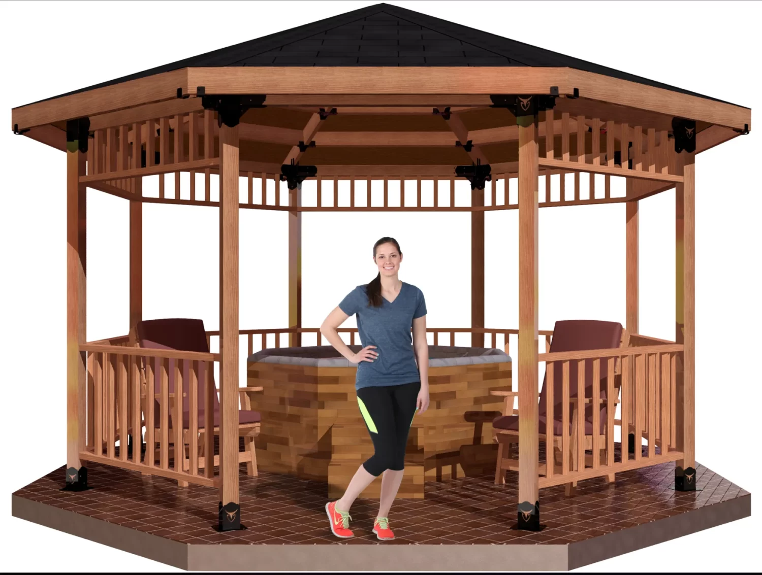 A woman in athletic clothing stands smiling before a wooden octagonal gazebo with a shingled roof, railings supported by Heavy Duty 4x4 45-Degree Octagon Elbow Brackets, and patio chairs on a tiled floor.