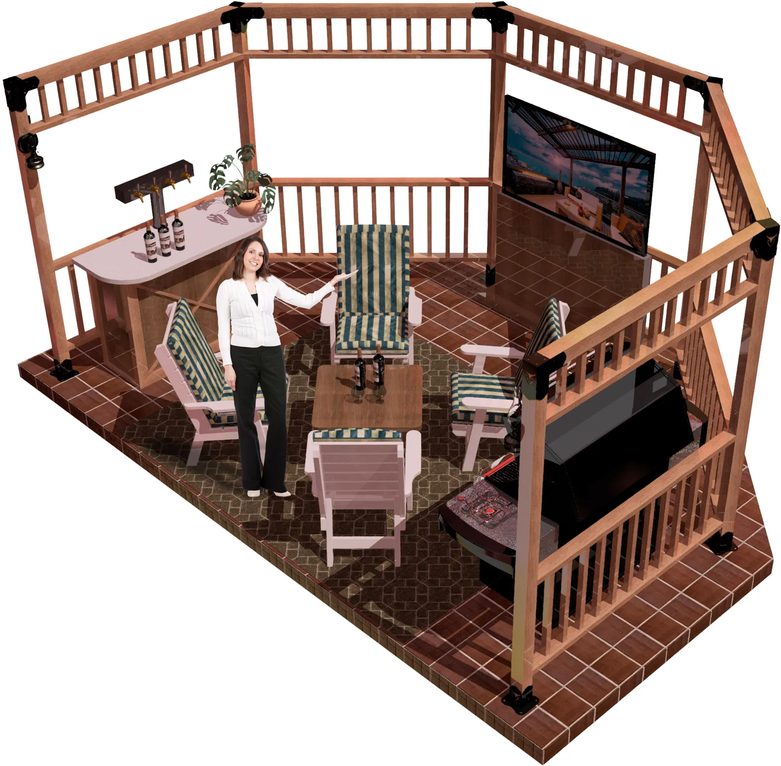view of a DIY 4x4 open top partial octagon pergola. A bar with wine bottles, barbecuer, LED TV, and casual furniture inside and a girl standing and smiling inside it.