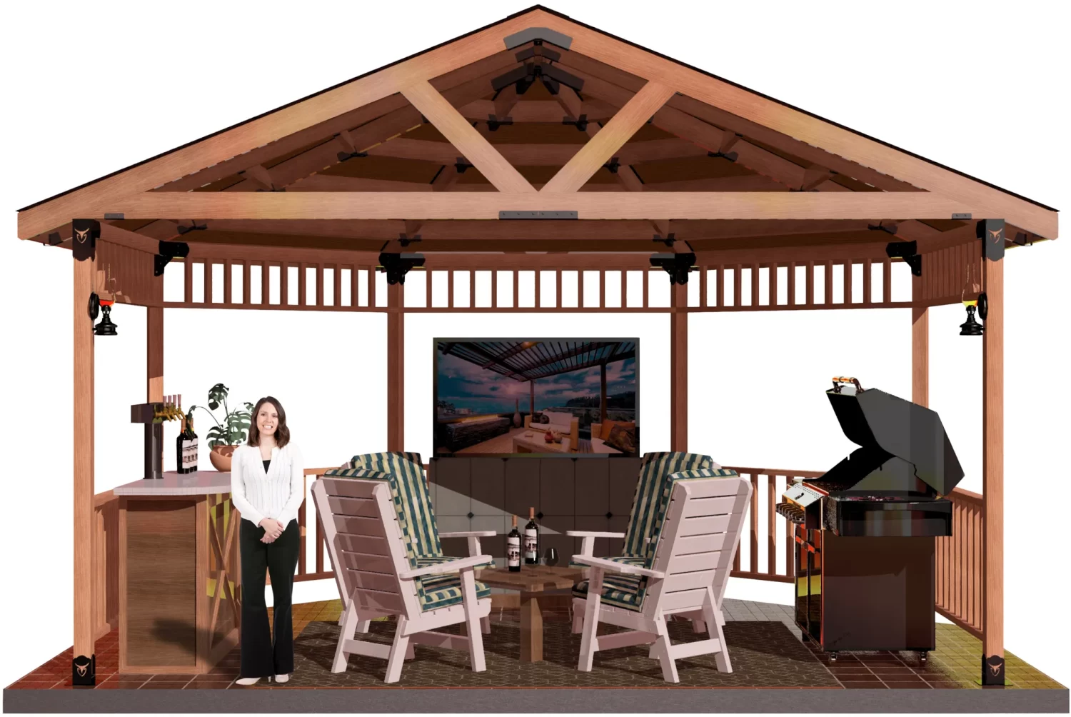 An outdoor gazebo equipped with a television and comfortable chairs, ideal for relaxation and entertainment.