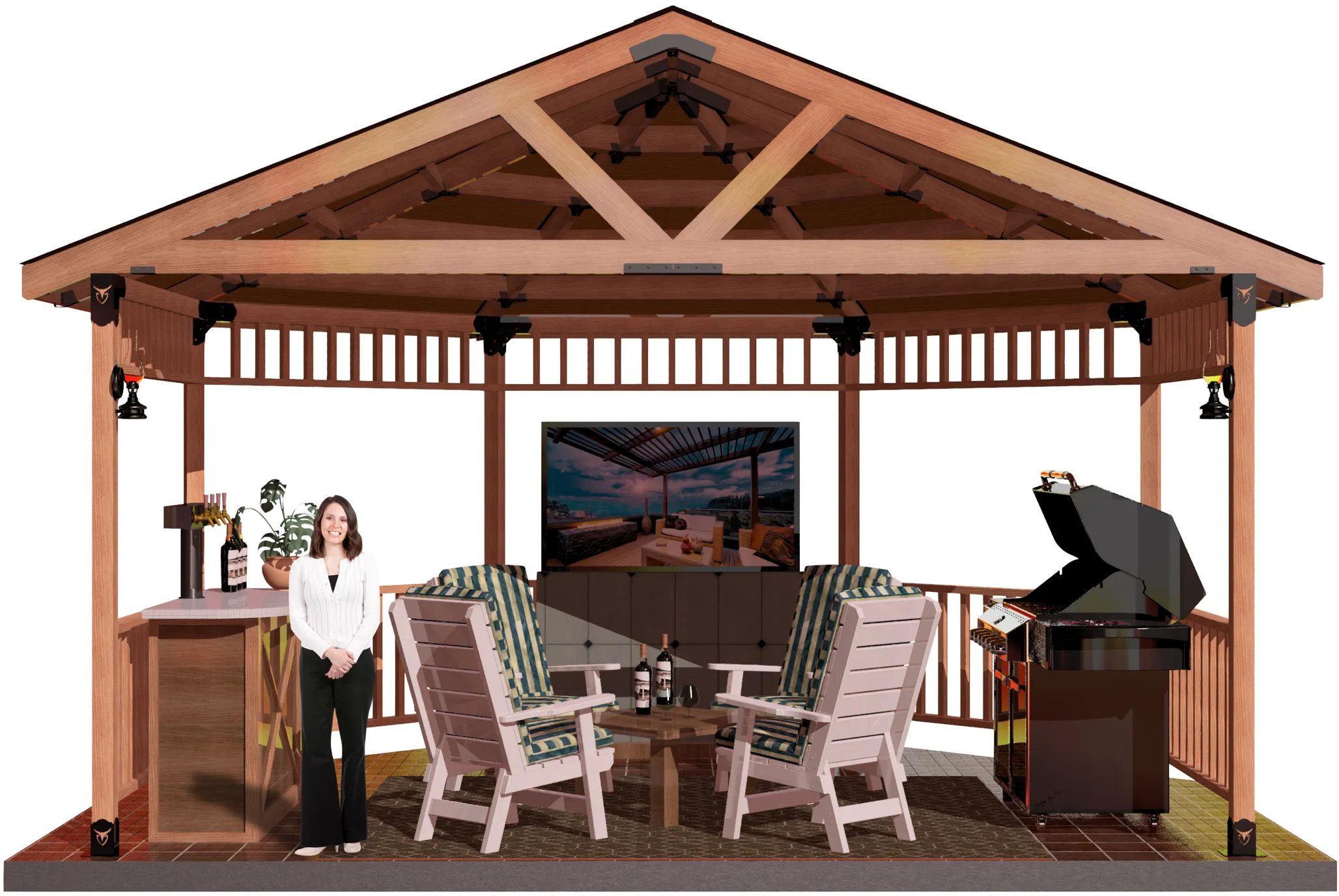 view of a DIY 4x4 solid roofed partial octagon gazebo. A bar with beer taps & wine bottles, barbecuer, LED TV, and casual furniture inside and a smiling girl standing inside it.