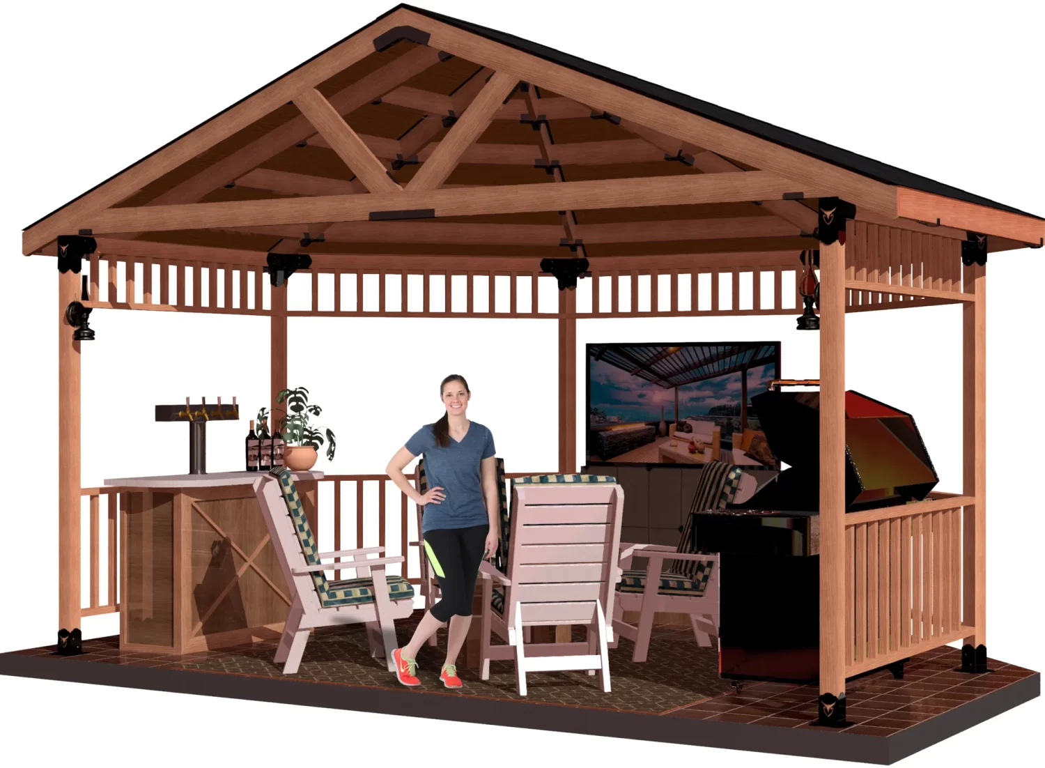 An outdoor gazebo equipped with a television and comfortable chairs, ideal for relaxation and entertainment.