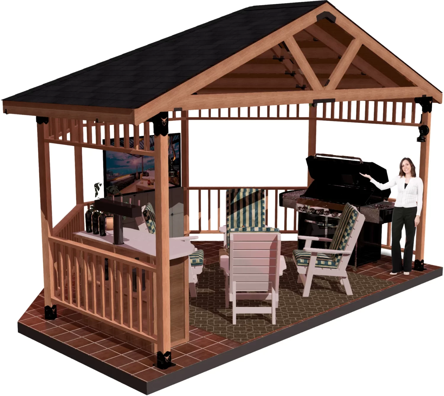 An outdoor gazebo equipped with a television and comfortable chairs, ideal for relaxation and entertainment.