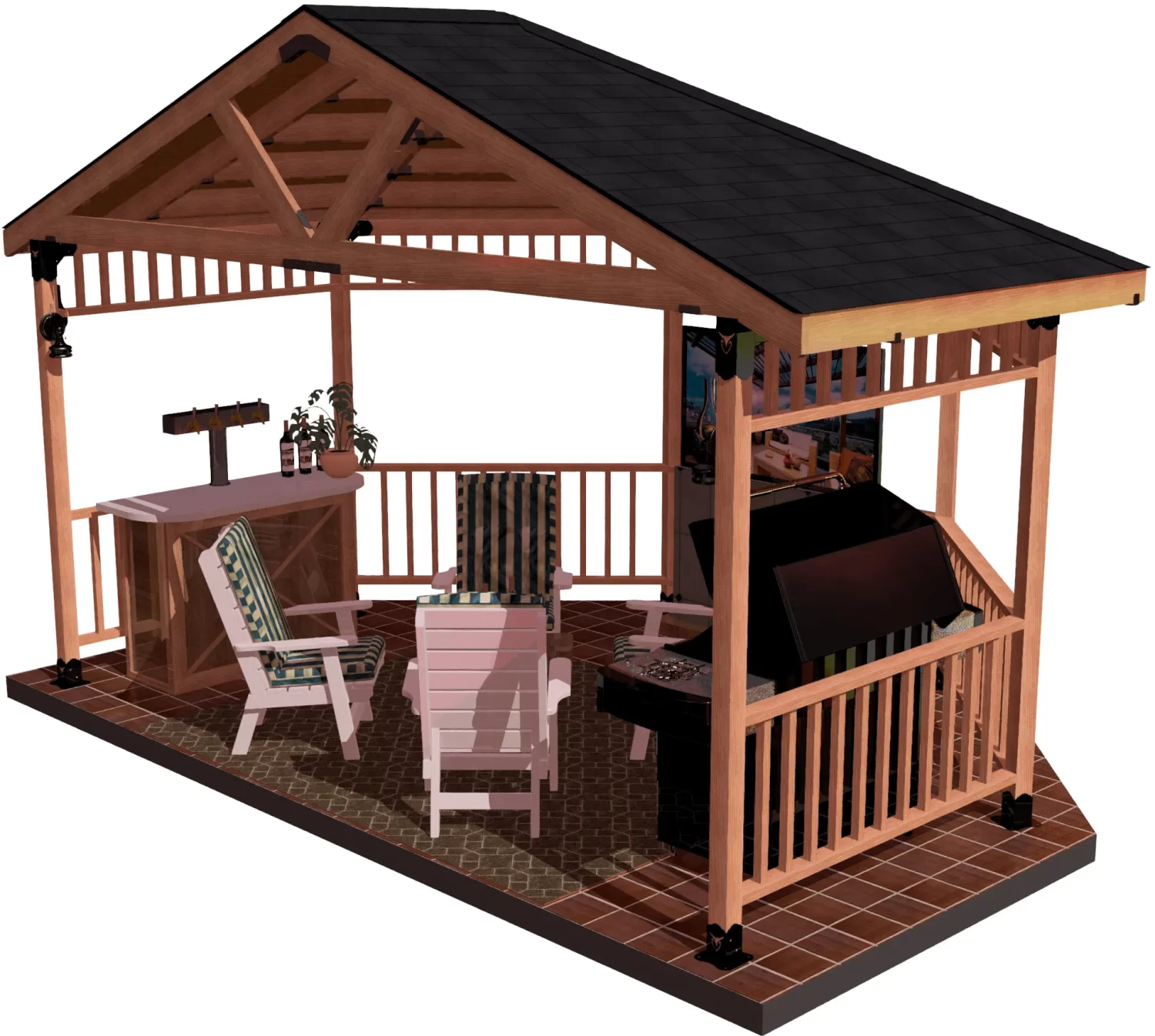 An outdoor gazebo equipped with a grill and a table, ideal for gatherings and enjoying meals in nature.