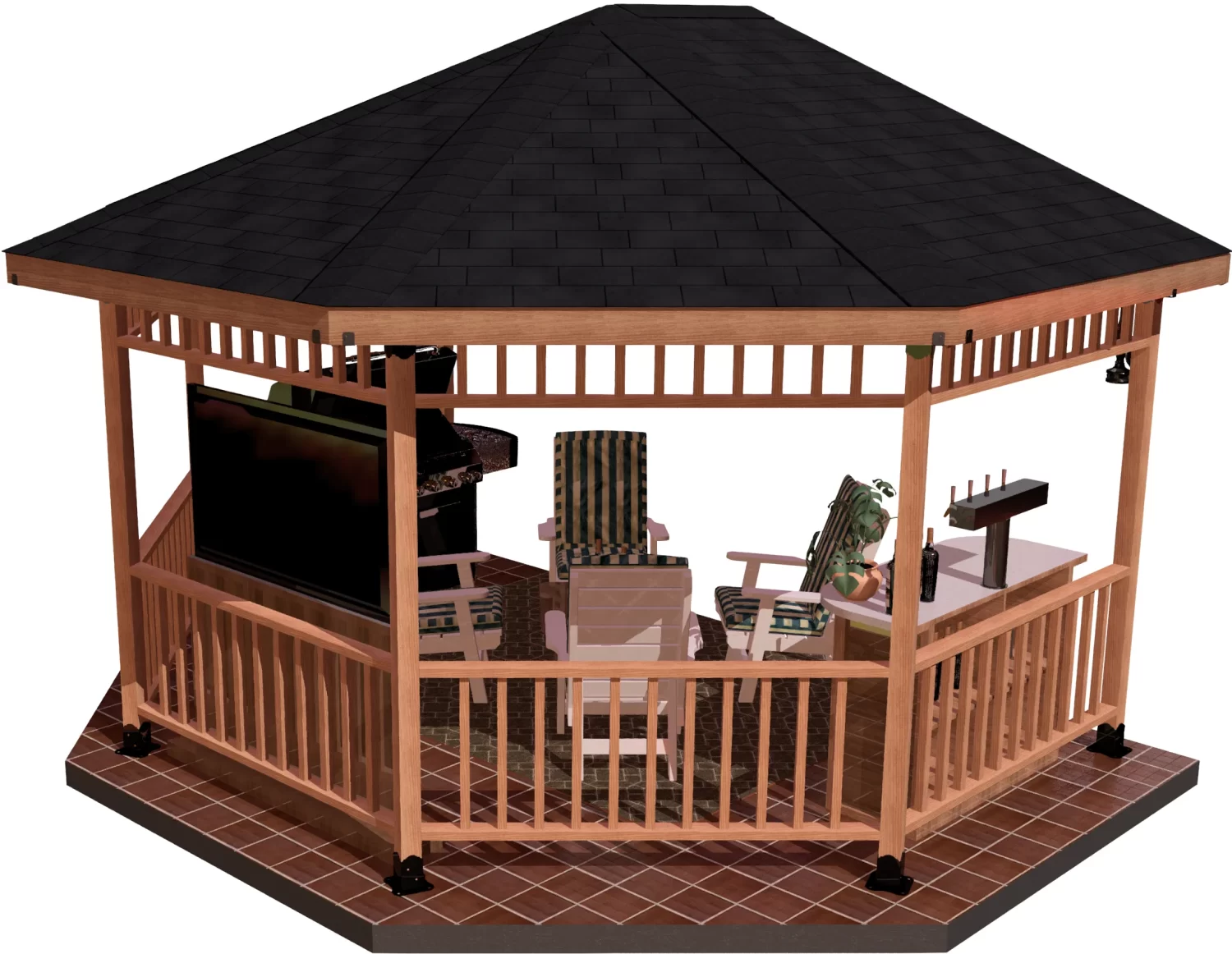 An outdoor gazebo equipped with a grill and a table, ideal for gatherings and enjoying meals in nature.