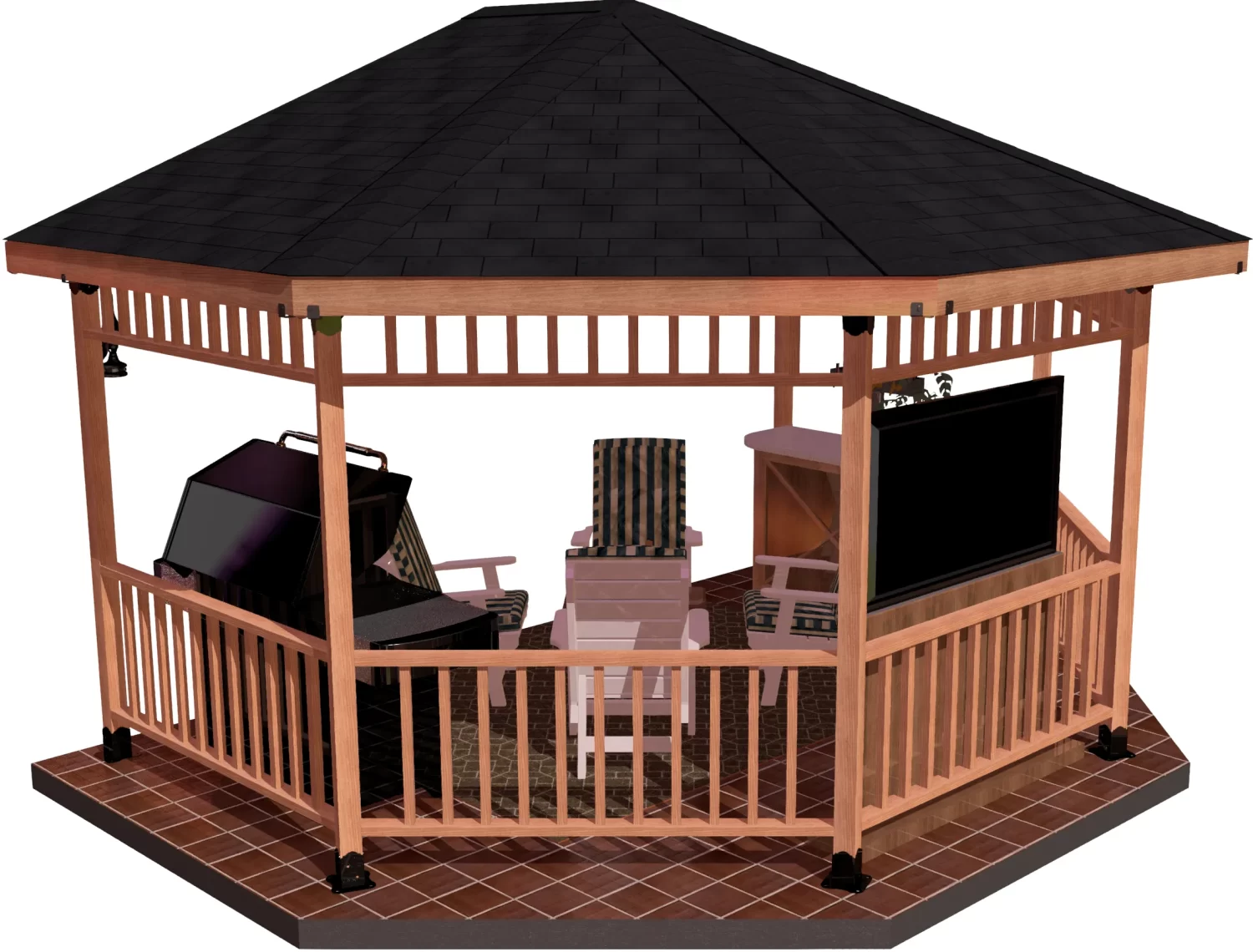 An outdoor gazebo equipped with a grill and a table, ideal for gatherings and enjoying meals in nature.