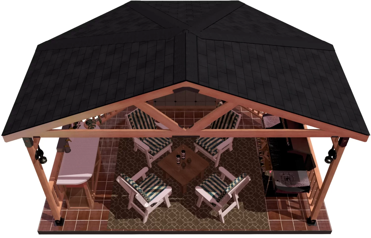 A gazebo with a sleek black roof and a warm tiled deck, set in a tranquil environment, ideal for relaxation.