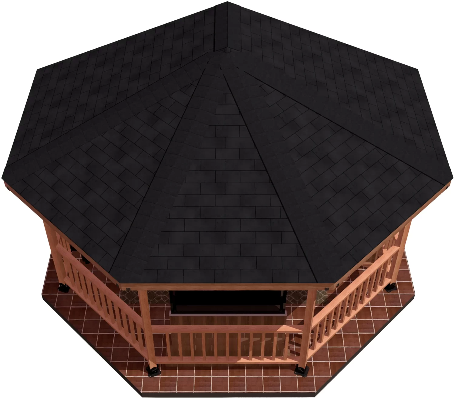 A gazebo with a sleek black roof and a warm tiled deck, set in a tranquil environment, ideal for relaxation.