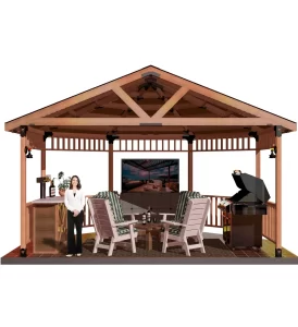 An outdoor gazebo equipped with a television and comfortable chairs, ideal for relaxation and entertainment.and casual furniture inside and a smiling girl standing inside it.
