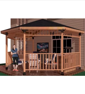 A woman relaxes on the patio of a wooden partial octagon gazebo, enjoying the tranquility of her surroundings in a picturesque outdoor space.