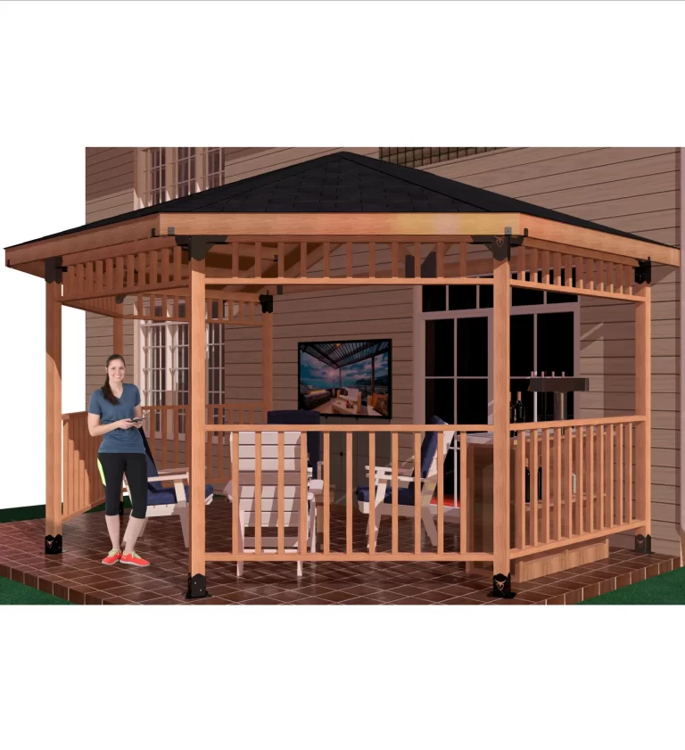 A woman relaxes on the patio of a wooden partial octagon gazebo, enjoying the tranquility of her surroundings in a picturesque outdoor space.