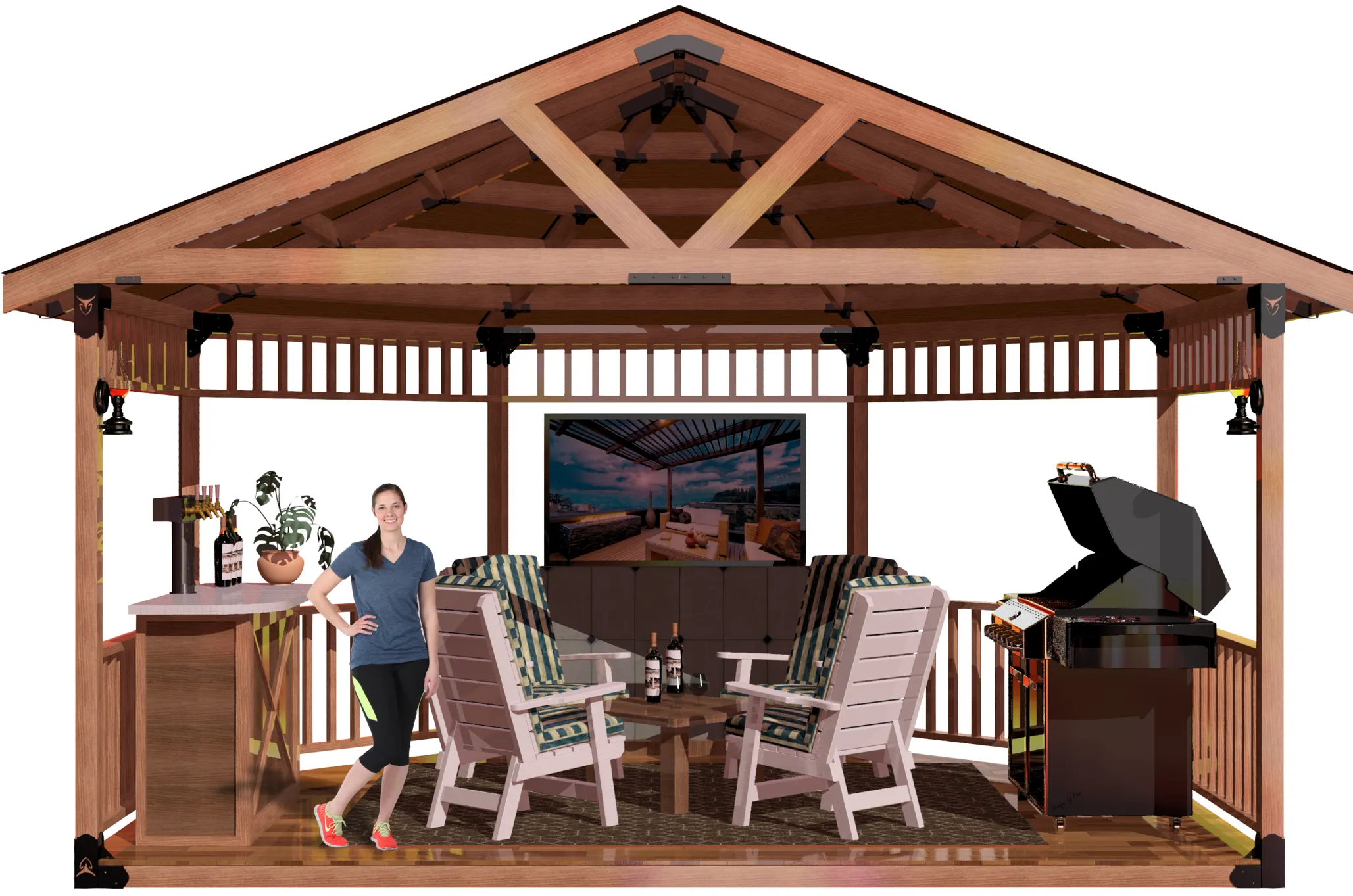 view of a DIY 4x4 solid roofed partial octagon gazebo. A bar with beer taps & wine bottles, barbecuer, LED TV, and casual furniture inside and a smiling girl standing inside it.