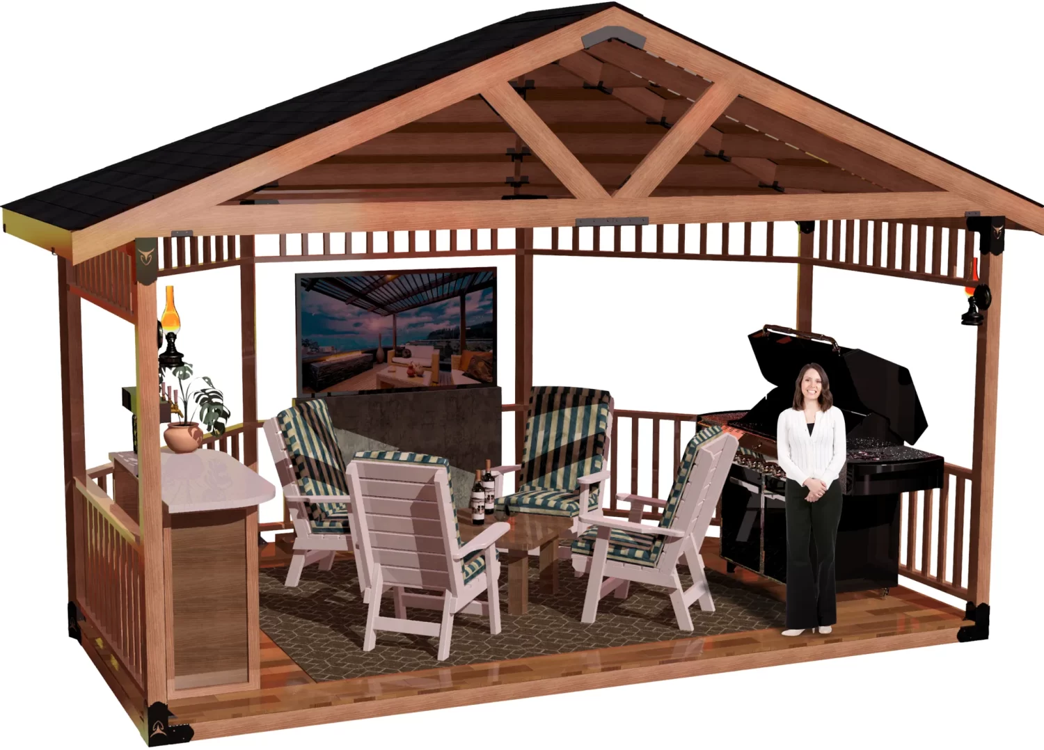A charming wooden gazebo equipped with a grill and a table, ideal for outdoor dining and socializing.