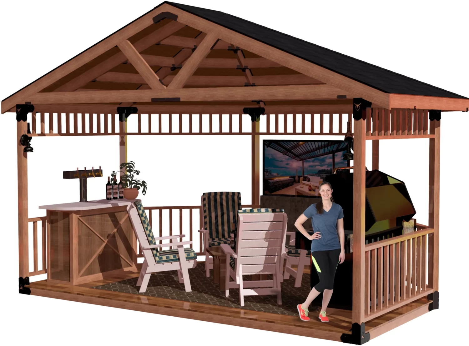 An outdoor gazebo equipped with a grill and a table, ideal for gatherings and enjoying meals in nature.