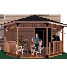 A woman poses elegantly in front of a picturesque partial octagon gazebo, framed by vibrant foliage and a tranquil setting.barbecuer, and casual furniture inside and a smiling girl standing inside it.