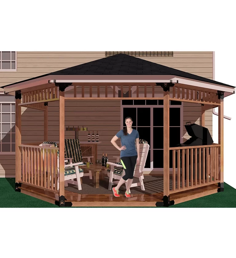 A woman poses elegantly in front of a picturesque partial octagon gazebo, framed by vibrant foliage and a tranquil setting.barbecuer, and casual furniture inside and a smiling girl standing inside it.
