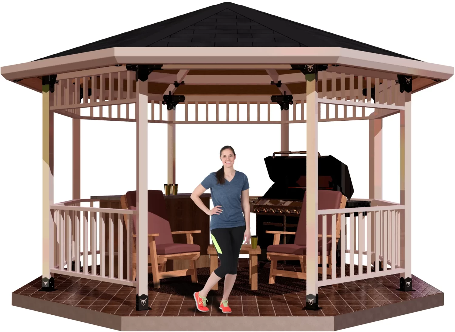 A woman in athletic wear stands smiling in front of a large gazebo built with the DIY Heavy Duty Iron Octagon Spider Bracket, featuring a dark roof. Inside are chairs and a grill on a tiled floor.