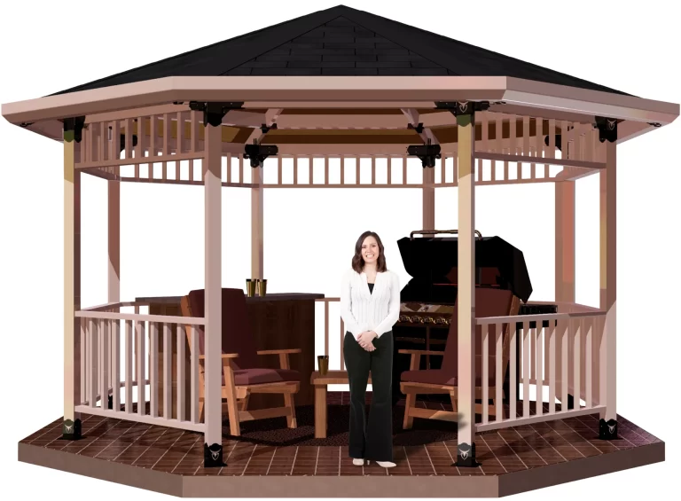 view of a 4x4 octagon patio cover with solid roof with a bar, barbecue and casual furniture and a girl standing inside