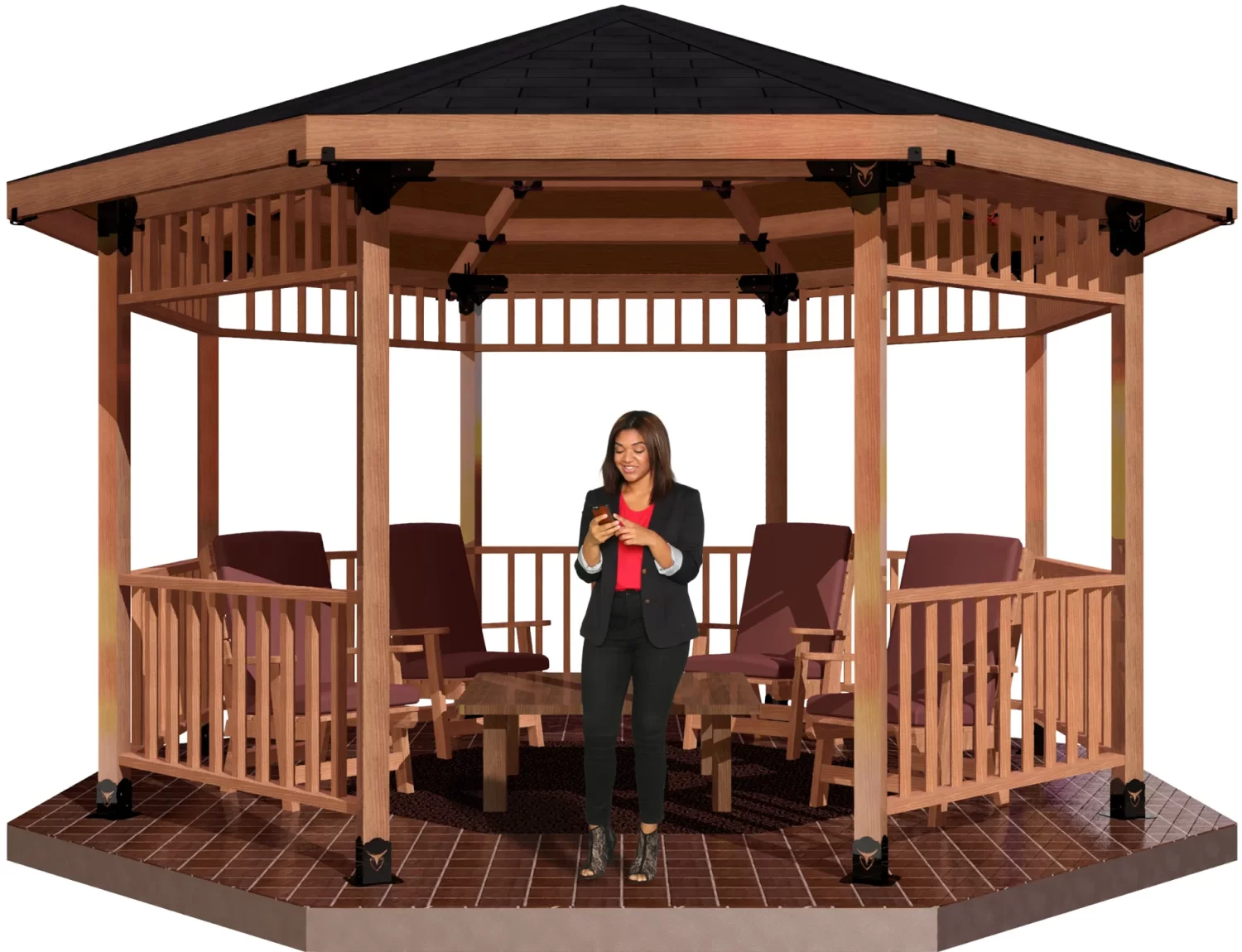 A woman smiles at her phone inside a wooden, octagonal gazebo with several empty chairs on a tiled floor, supported by Universal 4x4 Post Anchor Brackets.