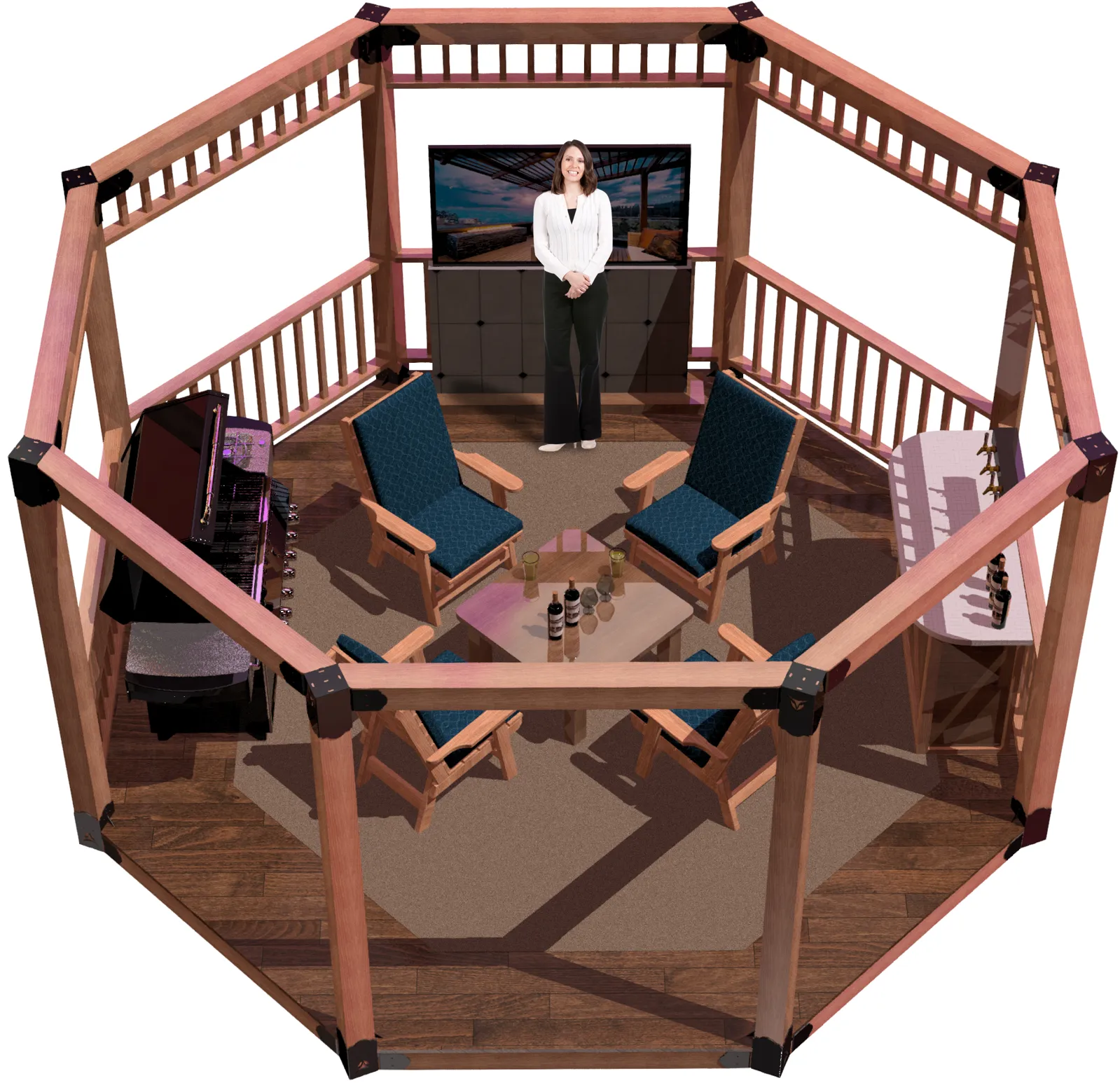view of a DIY 6X6 floating deck, open top octagon pergola. A bar with beer taps & wine bottles, barbecuer, LED TV, and casual furniture inside and a girl standing and smiling inside it.