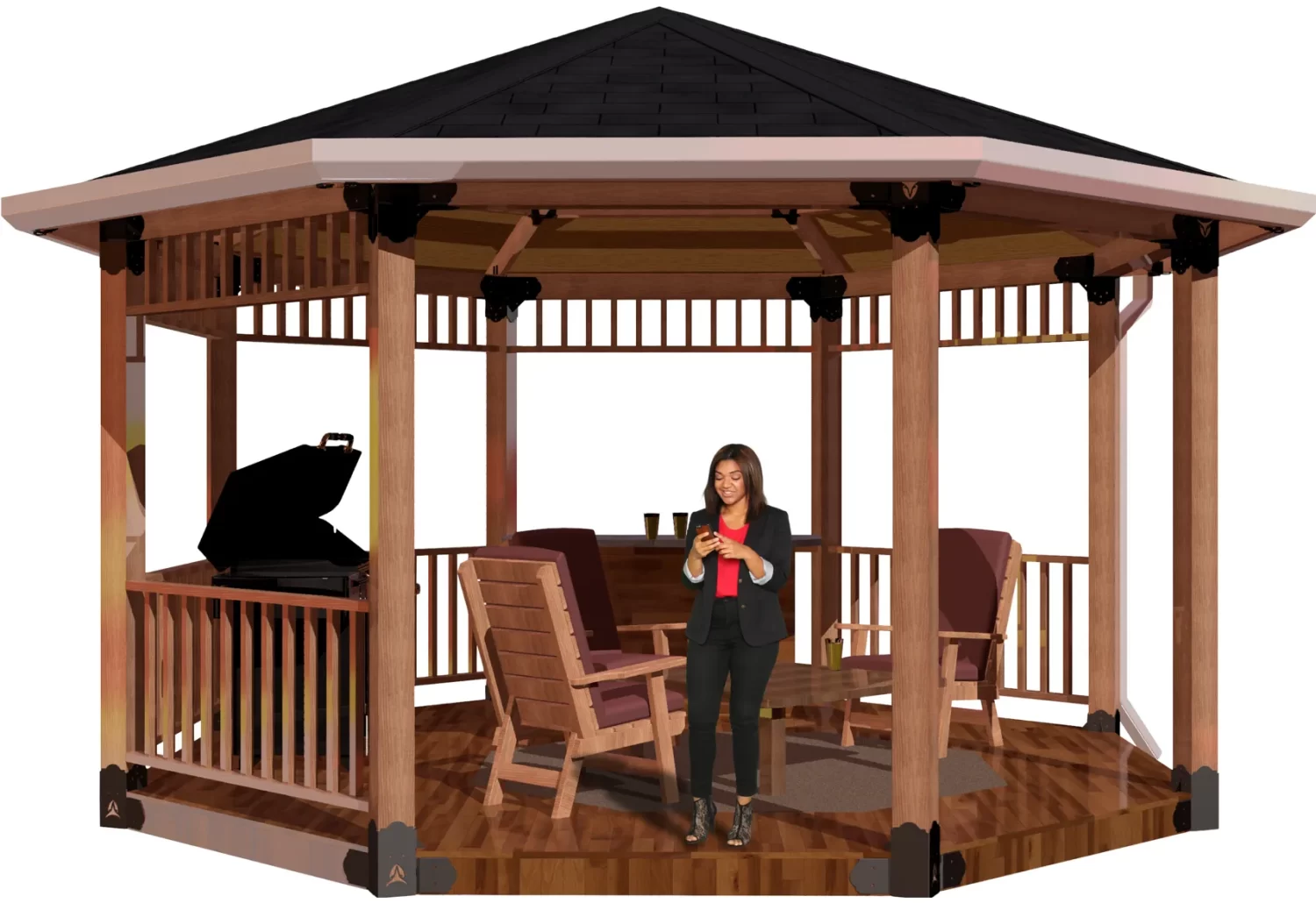6F-OR-12 view of a 6X6 octagon patio cover with solid roof with a bar, barbecue and casual furniture and a girl standing inside
