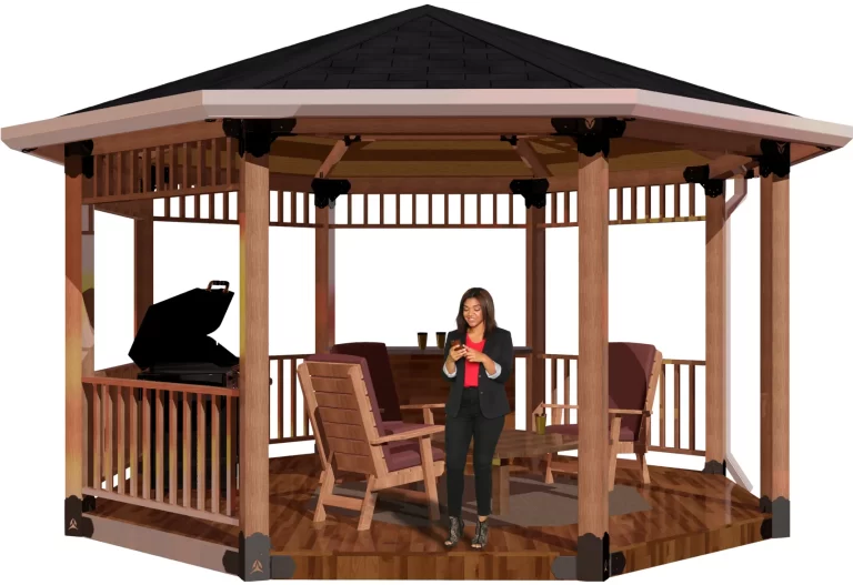 view of a 6X6 octagon patio cover with solid roof with a bar, barbecue and casual furniture and a girl standing inside