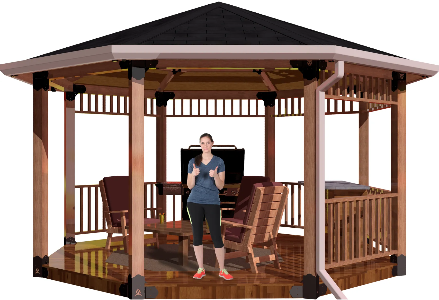view of a 6X6 octagon patio cover with solid roof with a bar, barbecue and casual furniture and a girl standing inside