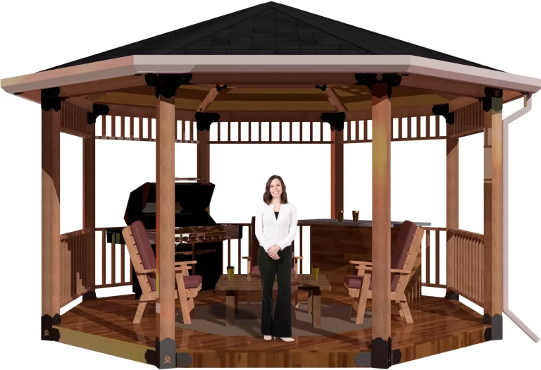 view of a RioOutdoors 6X6 octagon patio cover with solid roof with a bar, barbecue and casual furniture and a girl standing inside