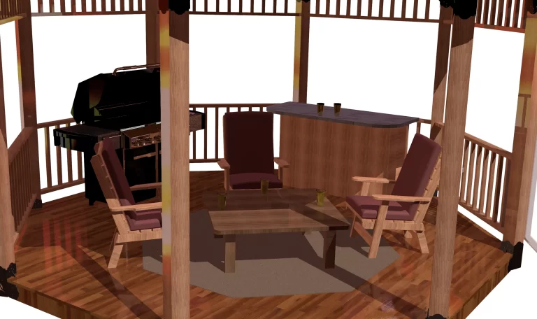 View of living space inside an octagon gazebo wtih a bar, barbecue grill, and casual furniture