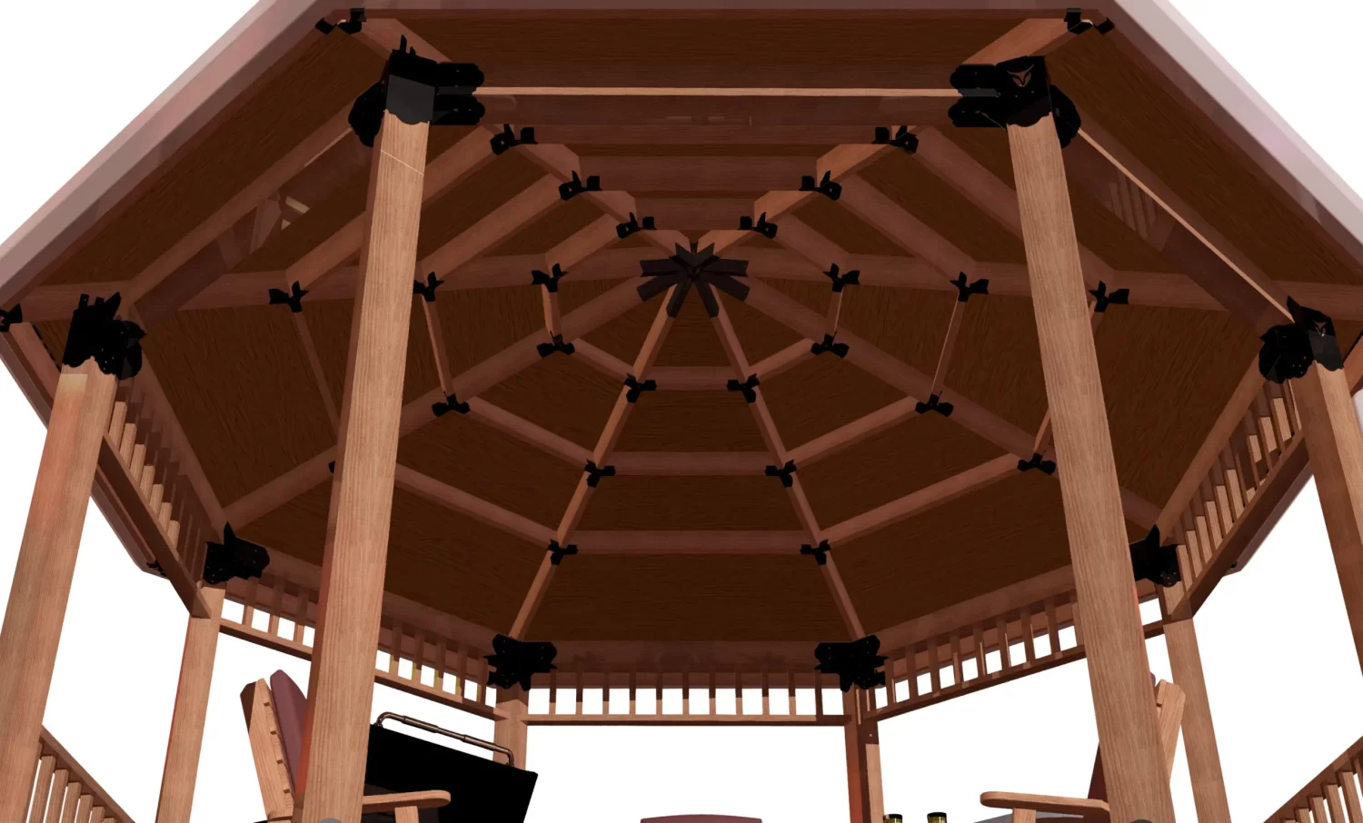 Looking up from inside, the roof beams of the gazebo are joined by DIY Heavy Duty Iron Octagon Spider Brackets, with chairs and a table partly visible below.