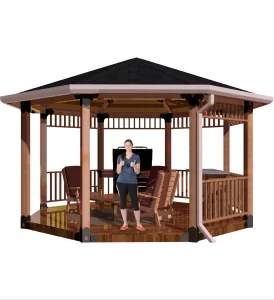 view of a 6X6 octagon patio cover with solid roof with a bar, barbecue and casual furniture and a girl standing inside
