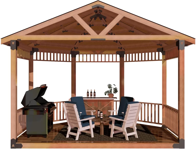 view of a DIY 6x6 solid roofed partial octagon gazebo. A bar with wine bottles, barbecuer, and casual furniture inside it.