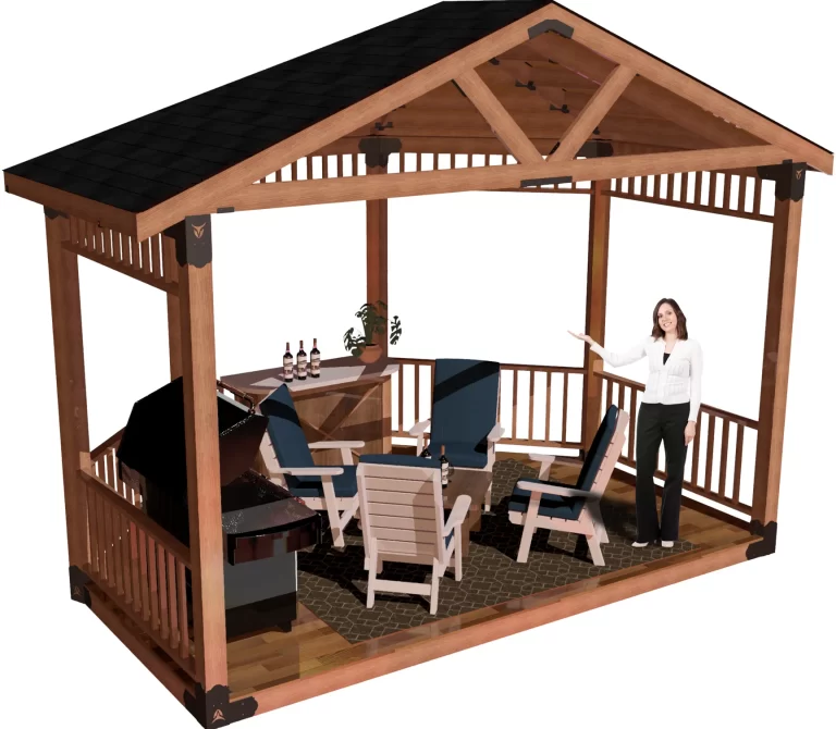 view of a DIY 6x6 solid roofed partial octagon gazebo. A bar with wine bottles, barbecuer, and casual furniture inside it and a girl standing and smiling inside it.