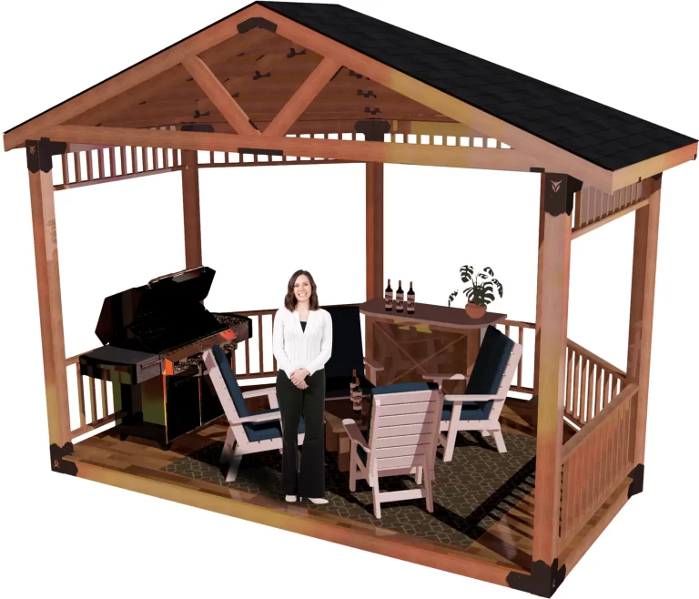 view of a DIY 6x6 solid roofed partial octagon gazebo. A bar with wine bottles, barbecuer, and casual furniture inside it and a girl standing and smiling inside it.