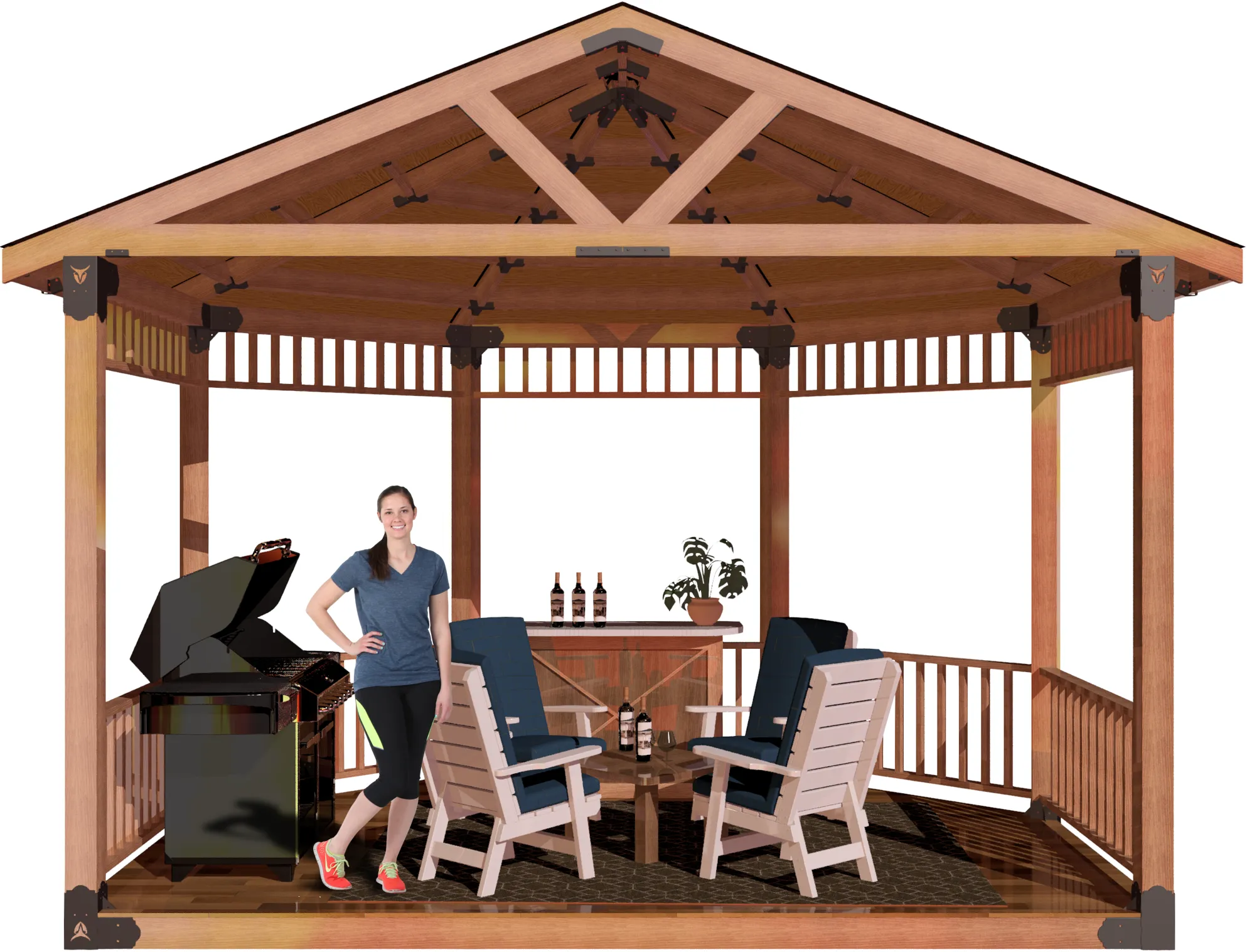 view of a DIY 6x6 solid roofed partial octagon gazebo. A bar with wine bottles, barbecuer, and casual furniture inside it and a girl standing and smiling inside it.