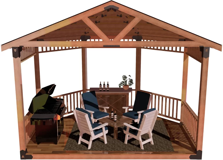 view of a DIY 6x6 solid roofed partial octagon gazebo. A bar with wine bottles, barbecuer, and casual furniture inside it.