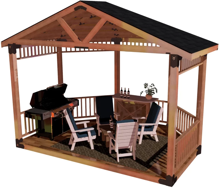 view of a DIY 6x6 solid roofed partial octagon gazebo. A bar with wine bottles, barbecuer, and casual furniture inside it.