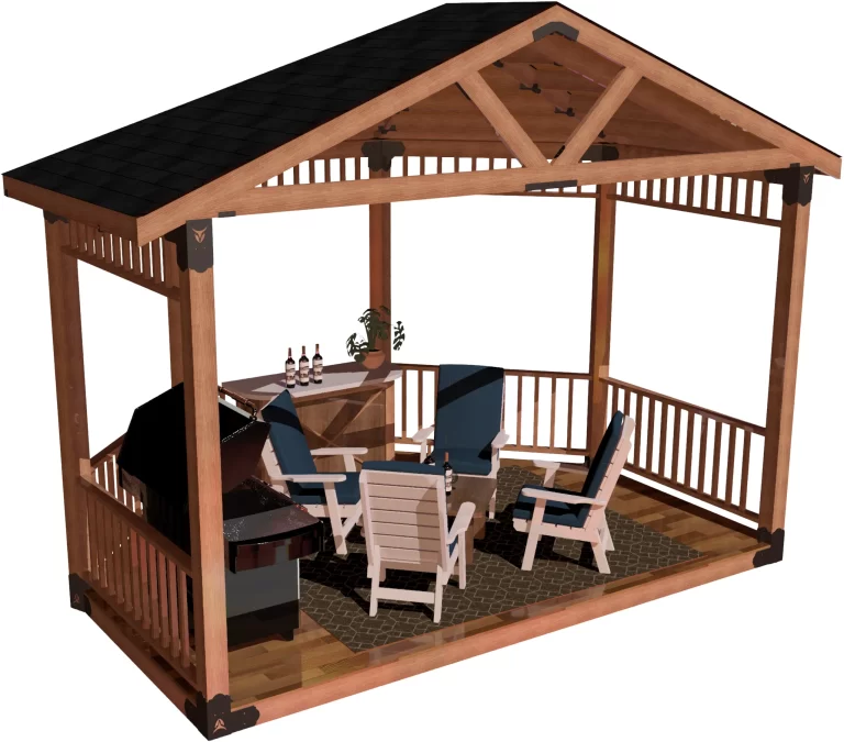 view of a DIY 6x6 solid roofed partial octagon gazebo. A bar with wine bottles, barbecuer, and casual furniture inside it.