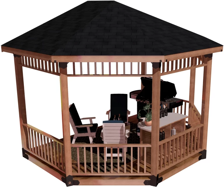 view of a DIY 6x6 solid roofed partial octagon gazebo. A bar with wine bottles, barbecuer, and casual furniture inside it.