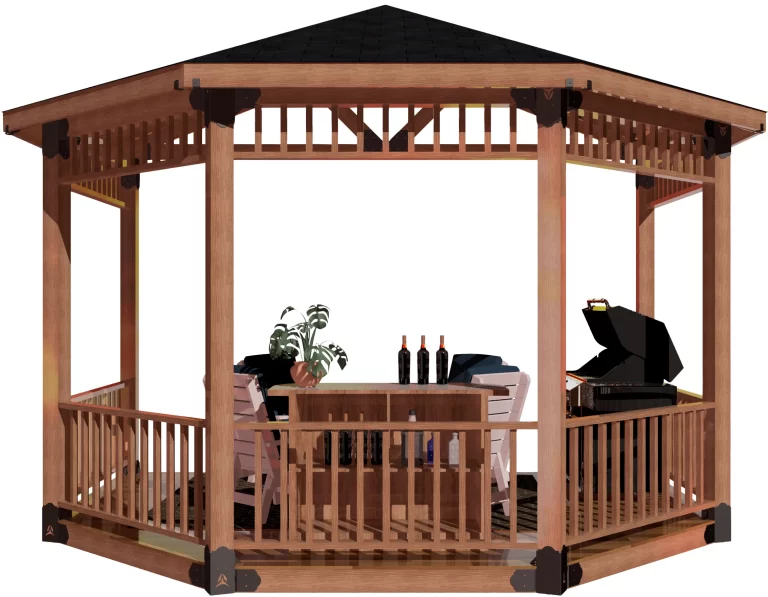 view of a DIY 6x6 solid roofed partial octagon gazebo. A bar with wine bottles, barbecuer, and casual furniture inside it.