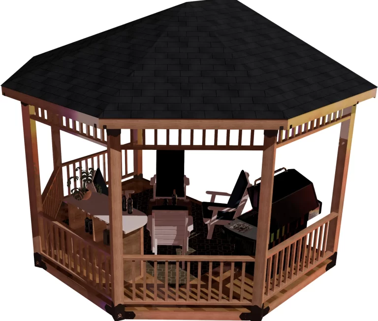 view of a DIY 6x6 solid roofed partial octagon gazebo. A bar with wine bottles, barbecuer, and casual furniture inside it.