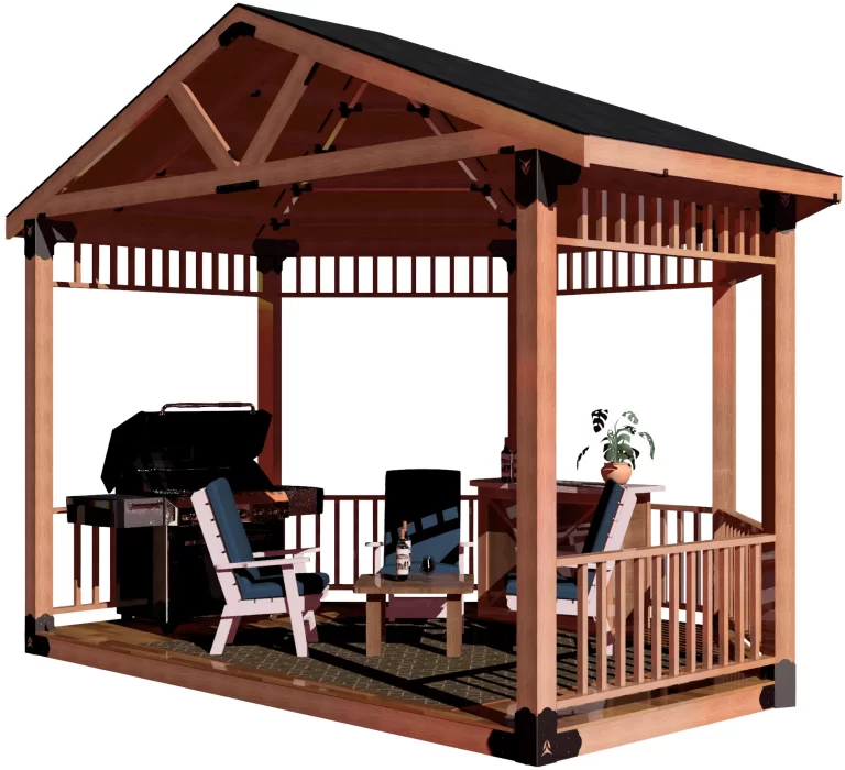view of a DIY 6x6 solid roofed partial octagon gazebo. A bar with wine bottles, barbecuer, and casual furniture inside it.
