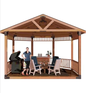 view of a DIY 6x6 solid roofed partial octagon gazebo. A bar with wine bottles, barbecuer, and casual furniture inside it and a girl standing and smiling inside it.