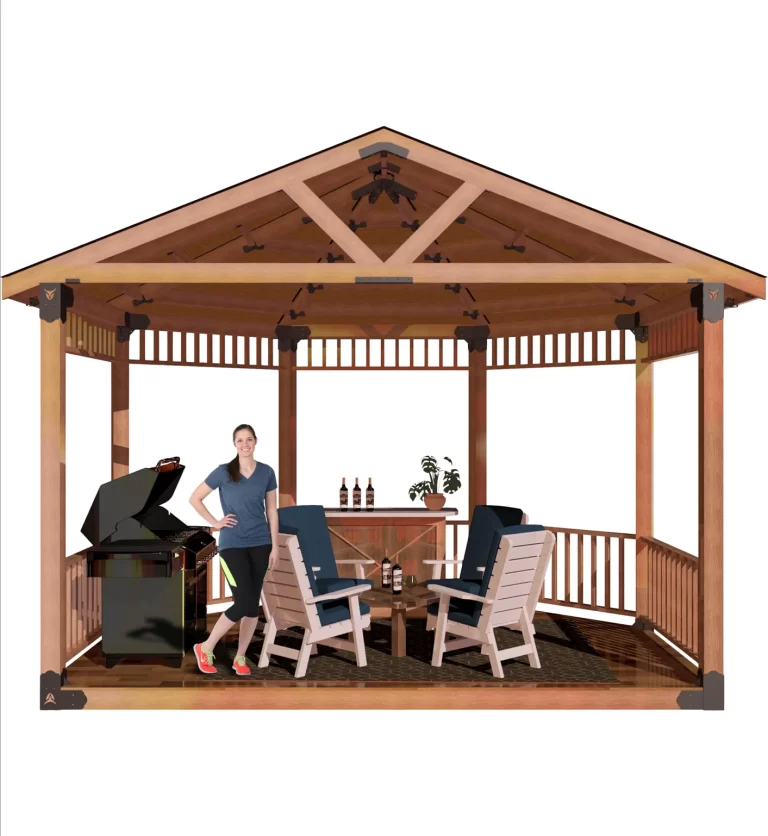 view of a DIY 6x6 solid roofed partial octagon gazebo. A bar with wine bottles, barbecuer, and casual furniture inside it and a girl standing and smiling inside it.