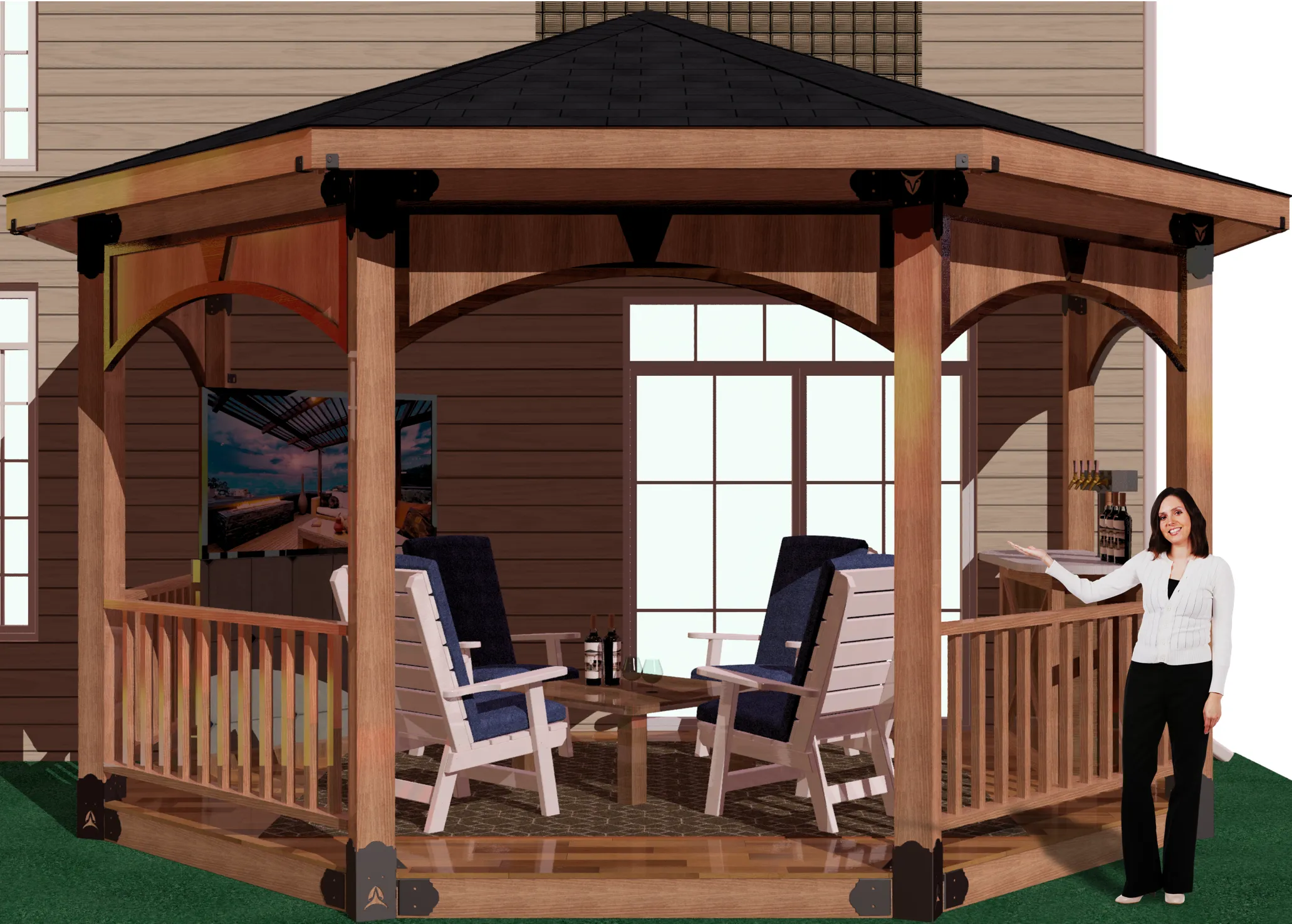 diy, 6x6, wall attached, floating deck, solid roofed patio cover with bar, barbecuer, tv, and casual seating