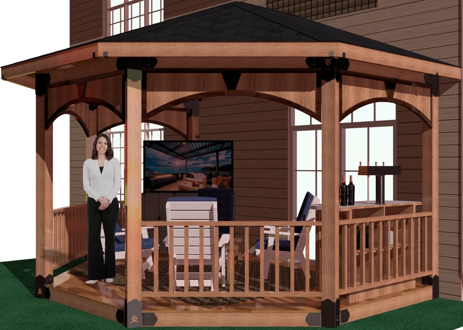 A woman poses elegantly in front of a picturesque gazebo, framed by vibrant foliage and a tranquil setting.