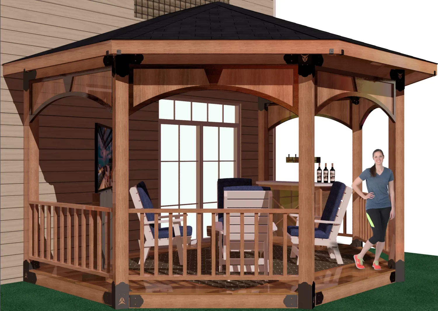 A woman poses elegantly in front of a picturesque gazebo, framed by vibrant foliage and a tranquil setting.